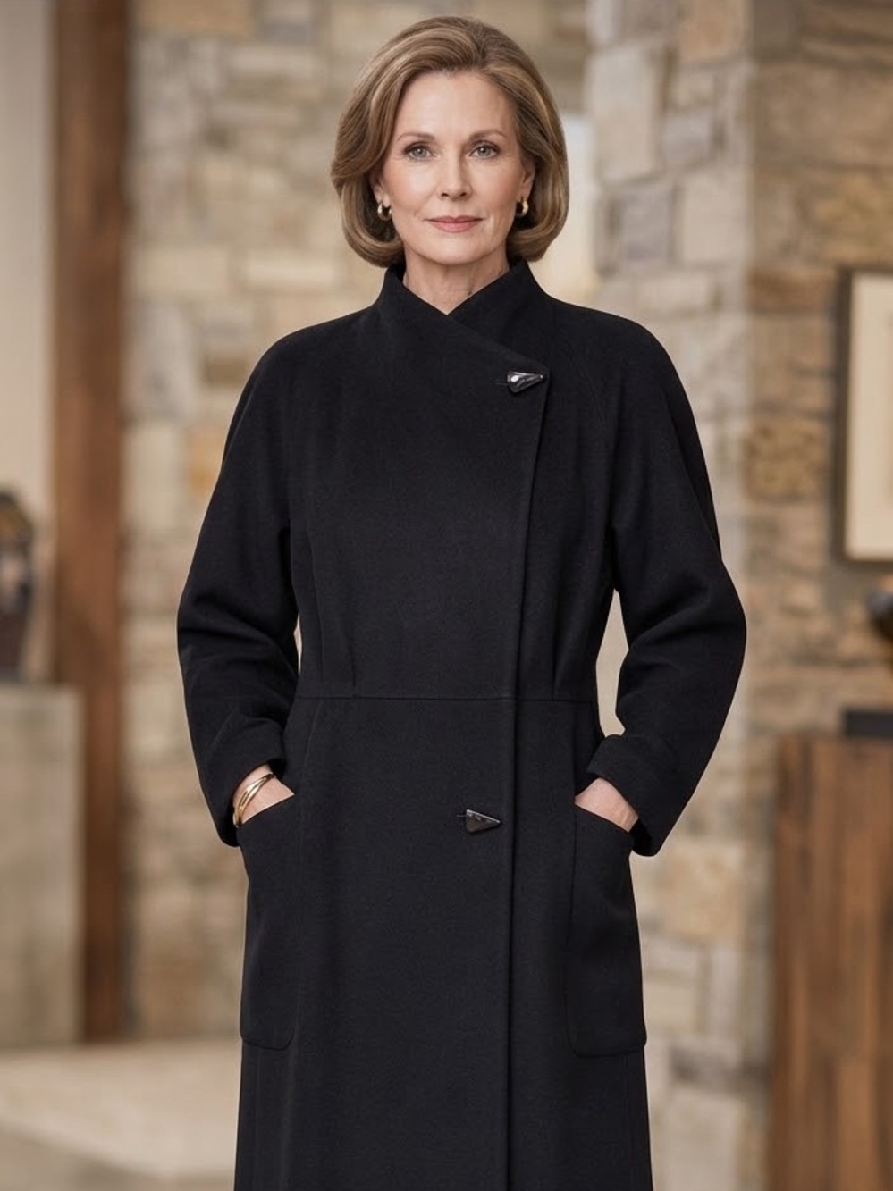 Vintage Tailored by Manchester Black Long Wool Coat Asymmetrical Button Size 18